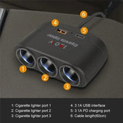 120W Car Charger 12V 24V 3 Socket Cigarette