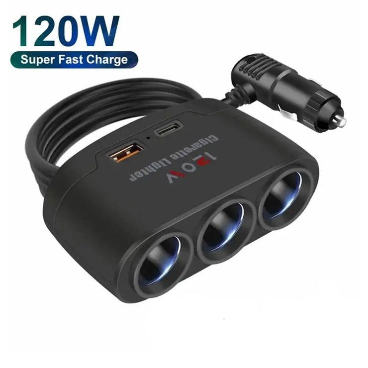 120W Car Charger 12V 24V 3 Socket Cigarette